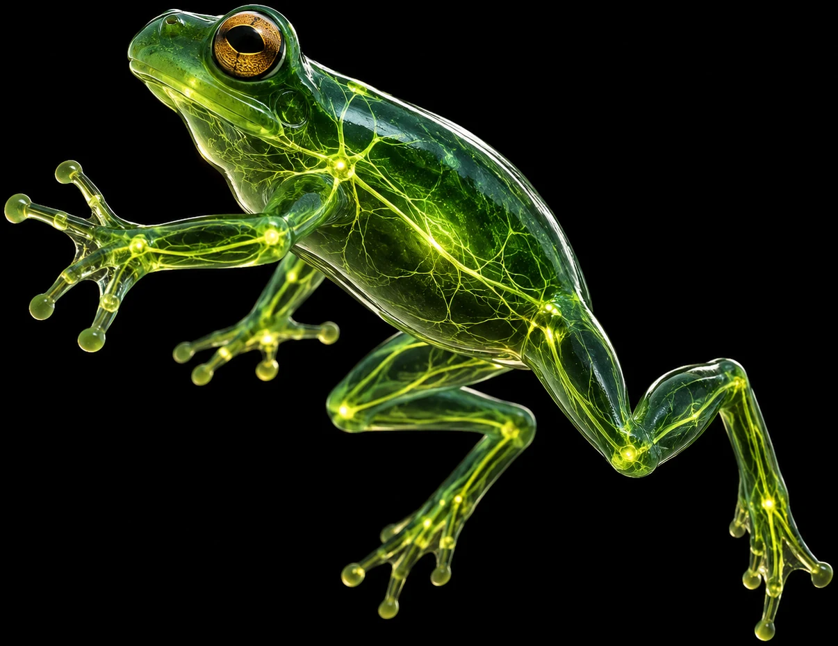 Emerald tree frog with visualised internal signalling