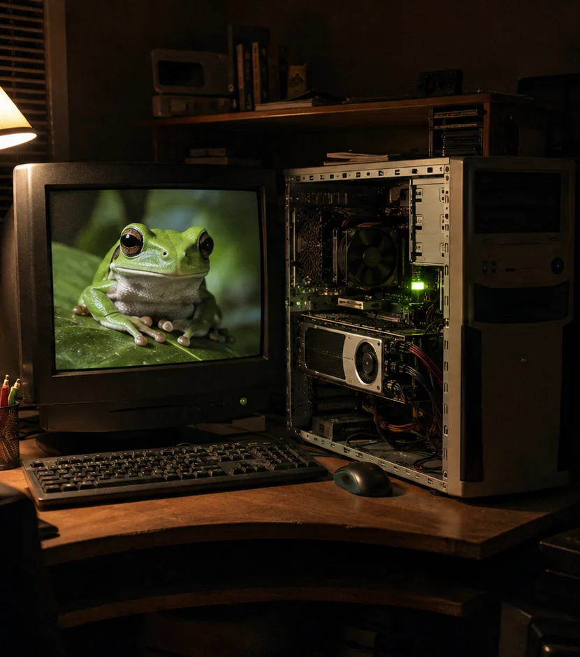 A 2006 tech-demo frog on a CRT monitor