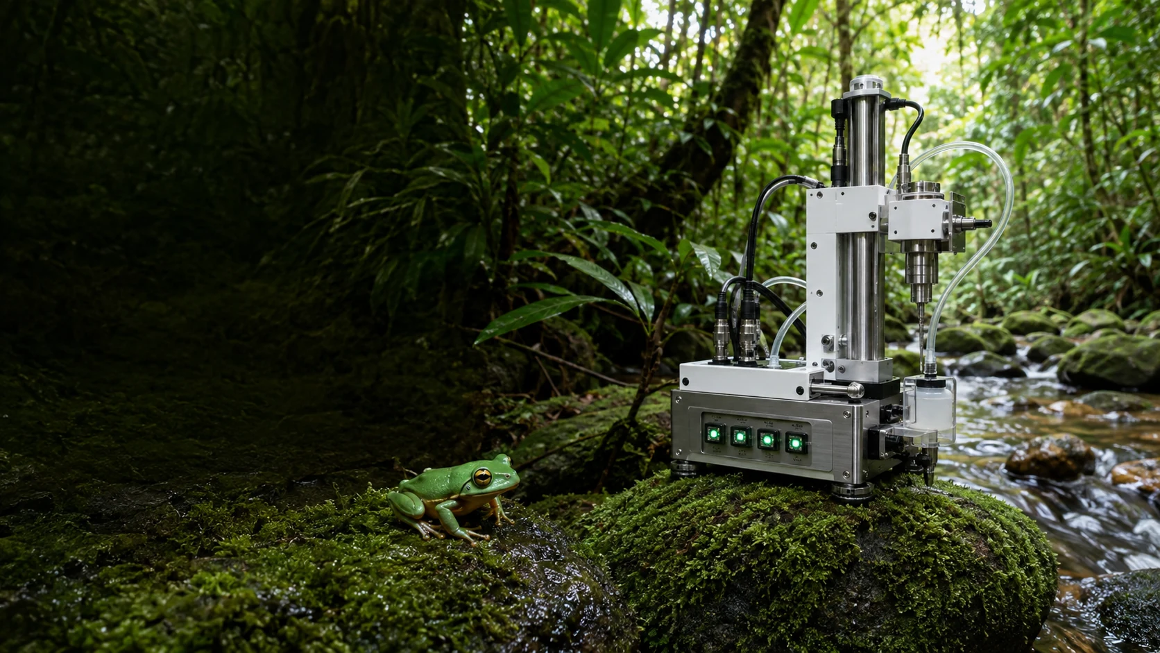 Amphibia field sampling rig beside a rainforest stream
